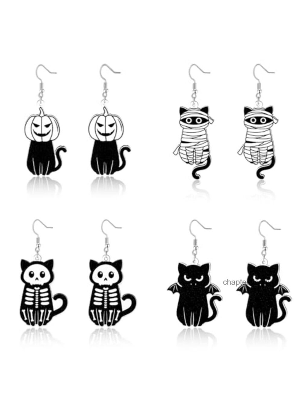 Wooden Halloween Cat Ghost Skeleton Dangle Earrings Set for Women